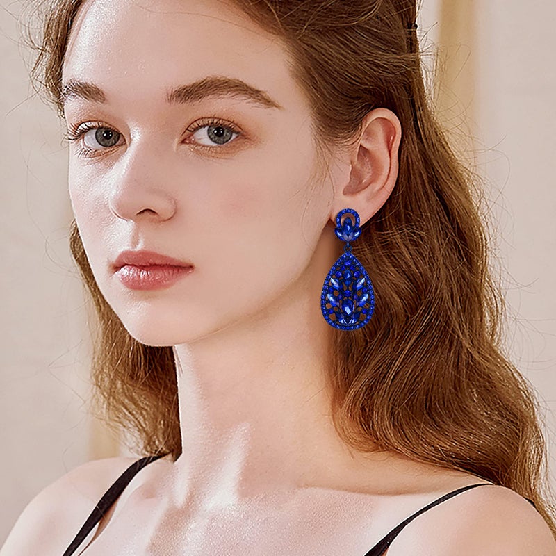 EleQueen Women's Wedding Bridal Austrian Crystal Bohemia Teardrop Chandelier Dangle Earrings Royal Blue Color Blue-Tone - Image 4